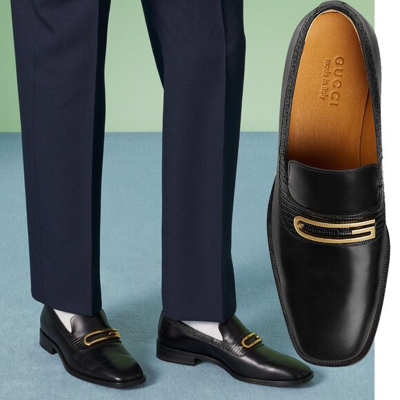 GUCCI SHOES MENS GEOMETRIC G LOGO BLACK LEATHER LOAFERS w LIZARD sz 10 10.5 - Picture 1 of 15